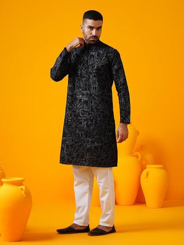 Sojanya (Since 1958 Men'S Cotton Silk Kantha Thread Embroidered Long Kurta in Saudi Arabia