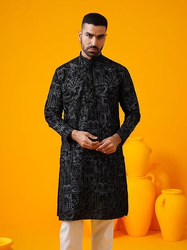Sojanya (Since 1958 Men'S Cotton Silk Kantha Thread Embroidered Long Kurta in Saudi Arabia