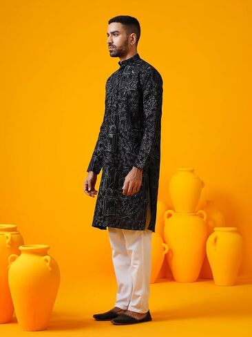 Sojanya (Since 1958 Men'S Cotton Silk Kantha Thread Embroidered Long Kurta in Saudi Arabia