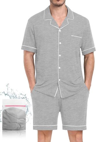Mens Pajamas مجموعة قصيرة الأكمام زر النوم لأسفل صالة الملابس مجموعة ناعمة Modal 2pcs PJ مجموعة مع جيوب S-3XL in Kuwait