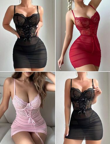 Lingerie Sets for Women Sexy Ruched Lace Mesh Chemise Corset Bodysuit Nightgown in Saudi Arabia