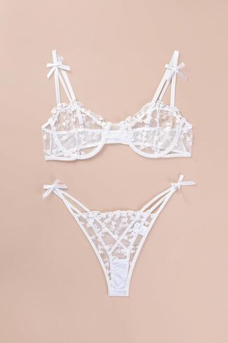 Sexy Underwire Cute Push Up Strappy Embroidered Mesh Sheer Lingerie Set See Through Panty Bra in Kuwait
