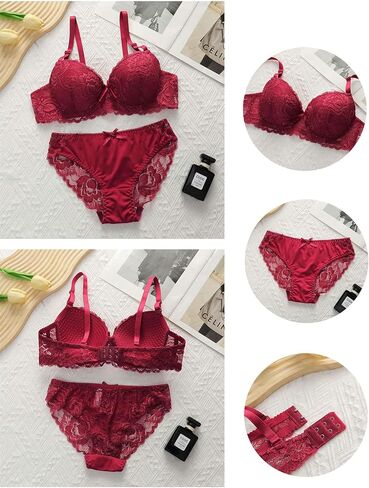 Womens Lace Padded Bra and Lace Panty Set Underwire Lace Push-up Lingerie Set 32B-38B in Kuwait