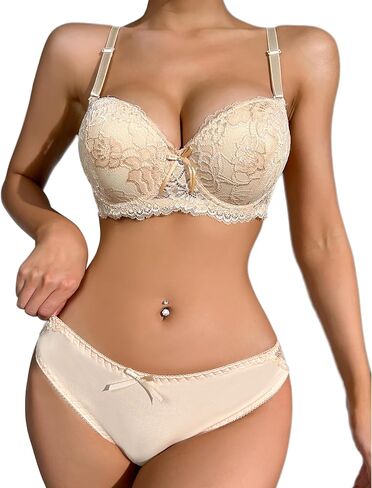 Womens Lace Padded Bra and Lace Panty Set Underwire Lace Push-up Lingerie Set 32B-38B in Kuwait