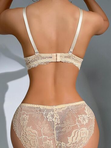 Womens Lace Padded Bra and Lace Panty Set Underwire Lace Push-up Lingerie Set 32B-38B in Kuwait