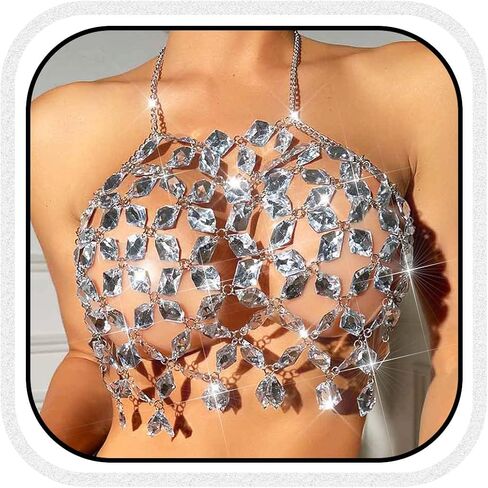BODIY Crystal Body Chain Top Rhinestones Halter Crop Tops Silver Chest Chain Bra Body for Women in Saudi Arabia