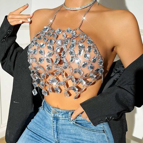 BODIY Crystal Body Chain Top Rhinestones Halter Crop Tops Silver Chest Chain Bra Body for Women in Saudi Arabia