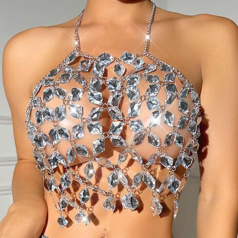 BODIY Crystal Body Chain Top Rhinestones Halter Crop Tops Silver Chest Chain Bra Body for Women in Saudi Arabia