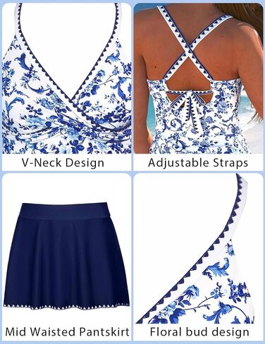 ROSEWE Two Piece Tankini Swimsuits for Women, Tummy Control Bathing Suit with Skirt, V-Neck Swimdress in Saudi Arabia
