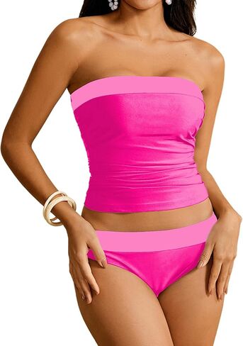 WDIRARA Women's 2 Piece Color Block Tankini Set Bandeau Strapless Ruched Bathing Swimsuit in Saudi Arabia