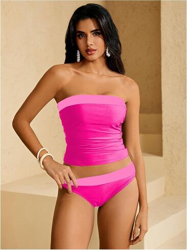 WDIRARA Women's 2 Piece Color Block Tankini Set Bandeau Strapless Ruched Bathing Swimsuit in Saudi Arabia