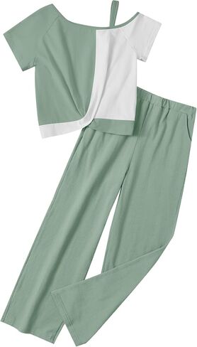 ملابس الفتيات تويست عقدة بلوك فضفاضة ملائمة الكتف البارد أعلى + ألوان صلبة عريض السراويل الفتيات الفتيات الربيع الملابس in Kuwait