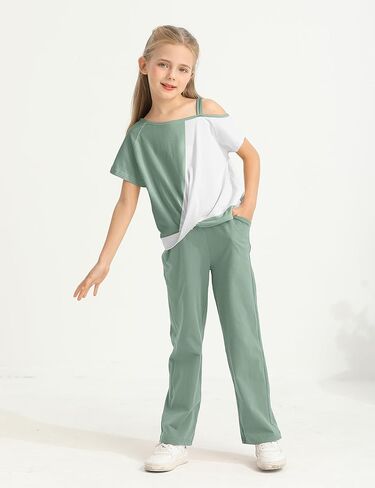 ملابس الفتيات تويست عقدة بلوك فضفاضة ملائمة الكتف البارد أعلى + ألوان صلبة عريض السراويل الفتيات الفتيات الربيع الملابس in Kuwait