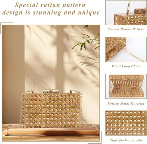 Fecialy Women Acrylic Clutch Purse Rattan Woven Pattern Handbag Square Box Crossbody Bag Chic Evening Bag in Saudi Arabia