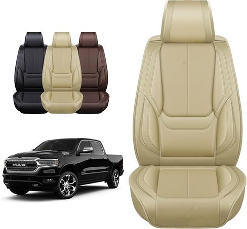 OASIS AUTO Custom Fit Seat Covers for 2009-2025 Ram 1500/2500/3500 Crew/Double/Super/Extended Cab, Faux Leather Seat Protector (Front Pair, Tan) in Kuwait