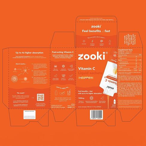 YourZooki Liposomal Vitamin C Zooki 1000mg Liquid Sachets - Alchohol Free, Vegan, Soy Free, Natural Ingredients - Immune System, Skin & Energy Support (Citrus Orange, 30 Count (Pack of 1)) in Saudi Arabia