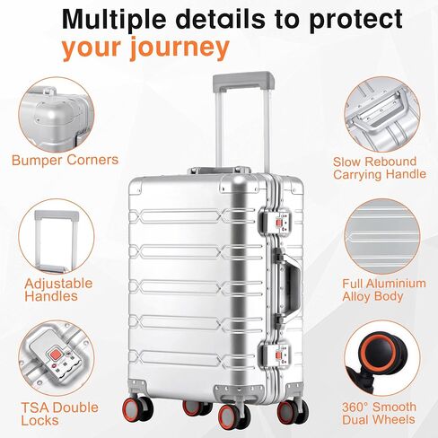 All Aluminum Carry On Luggage 22x14x9 Airline Approved，Zipperless Luggage Premium Aluminum Suitcase Luggage, Hard Shell Carry On Luggage with Spinner Wheels (silver, 20inch) in Kuwait