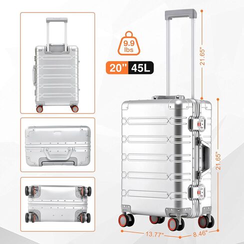 All Aluminum Carry On Luggage 22x14x9 Airline Approved，Zipperless Luggage Premium Aluminum Suitcase Luggage, Hard Shell Carry On Luggage with Spinner Wheels (silver, 20inch) in Kuwait