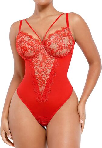 SHAPELLX Womens Lace Bodysuit for Large Bust Tummy Control Shapewear Backless Corset Top V Neck Thong Body Suits Shaper in Saudi Arabia