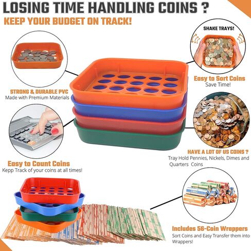 Coin Sorters Tray & Coin Counters – 4 Color-Coded Coin Sorting Tray Bundled with 24 Tubular Coin Roll Wrappers for US Coins in Kuwait