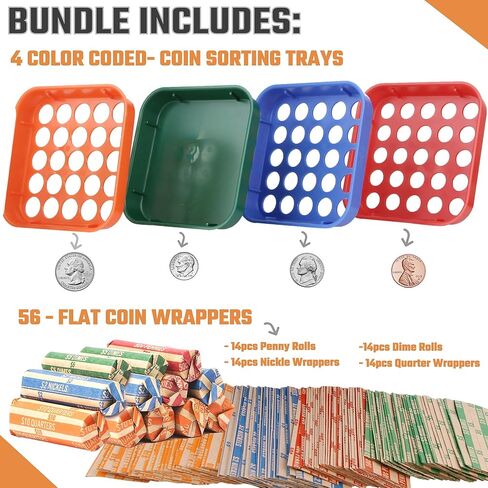 Coin Sorters Tray & Coin Counters – 4 Color-Coded Coin Sorting Tray Bundled with 24 Tubular Coin Roll Wrappers for US Coins in Kuwait