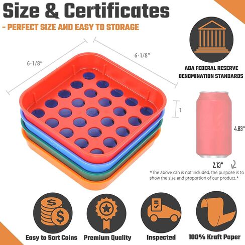 Coin Sorters Tray & Coin Counters – 4 Color-Coded Coin Sorting Tray Bundled with 24 Tubular Coin Roll Wrappers for US Coins in Kuwait