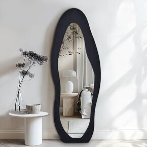 Full Length Mirror 63"x24" Irregular Full Body Wall Mounted Floor Mirror with Stand Black Flannel Wrapped Frame Leaning Hanging Wall Mirror for Bedroom Entrance