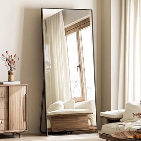 Mirror Full Length, 24" x 65" Floor Mirror with Stand, Aluminum Alloy Frame Full Body Standing Hanging or Leaning Against Wall for Bedroom and Living Room, Black