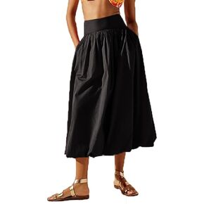 NUFIWI Women Y2k Bubble Maxi Skirt Low Elastic Waist A Line Long Skirt Summer Casual Ruffle Pleated Midi Dress