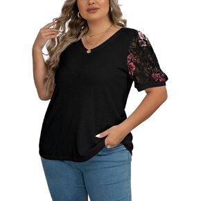 OLRIK Plus Size Tops for Women Summer Blouse Waffle Knit Short Lace Sleeve Shirts