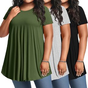 3 Pack Women's Plus Size Tunic Top Short Sleeve Cotton Long Shirts Summer Loose Fit Flowy Blouse Wear with Leggings