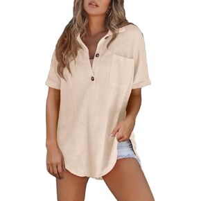 Astylish Women Waffle Knit Tops Henley Shirts Short Sleeve V Neck Solid Color Casual Tunic in Kuwait