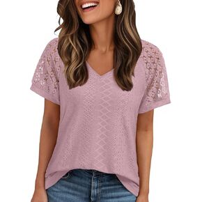 AUTOMET Womens V Neck T Shirts Short Sleeve Dressy Causal Tops Eyelet Embroidery Summer 2025 Fashion Trendy Clothes
