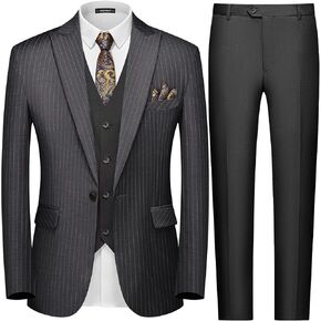MAGE MALE Men’s Pinstripe 3 Piece Suit Slim Fit Single Breasted Tuxedo Business Wedding Party Blazer Vest Pants Set