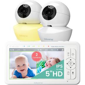 Babysense 5" HD Split-Screen Video Baby Monitor with Two Cameras and Remote PTZ, Night Light, 960ft Range, Two-Way Audio, 4X Zoom, Night Vision, 4000mAh Battery