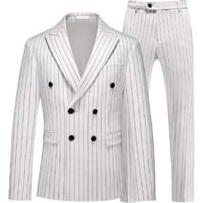 MOGU Mens Double Breasted Pinstripe Suit - 2 Piece Slim Fit Vintage Tuxedo for Groomsmen, Wedding, Prom