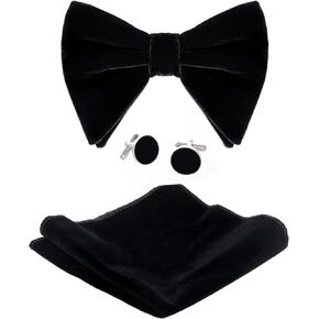 Black Velvet Bow Tie Pocket Square Cufflinks Set for Men, Solid Pre-tied Adjustable Bowtie, Men's Tuxedo Bow Ties