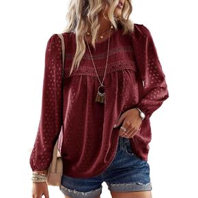 Womens Fall Tops Crewneck Long Sleeve Shirts Casual Chiffon Blouses Flowy Lace Hem Boho Clothing Trendy 2025