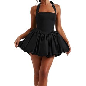 Women Sleeveless Halter Dress Casual Tie up Backless Corset Bubble Beach Party Dress