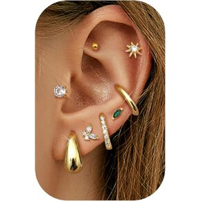 FUNRUN JEWELRY Hypoallergenic Flat Back Stud Earrings for Women Surgical Steel Flatback Studs Cartilage Earring Set for Sensitive Ear 14K Gold Small Huggie Hoop Earrings for Helix Piercing Jewelry