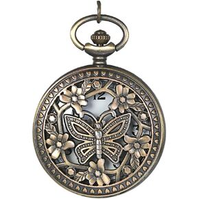 JewelryWe Vintage Butterfly Pocket Watch: Retro Design Bronze Flower Openwork Cover Pocket Quartz Watch with Chain