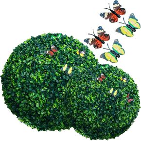 16 '' Boxwood Boxwood Balls - 2 PC - 8 Layer Faux Plant Certes - Proof UV مع 16 فراشات فو ، 8 حصص أرضية ، سلاسلان خطاف ، وأوراق إضافية - ديكور داخلي وخارجي