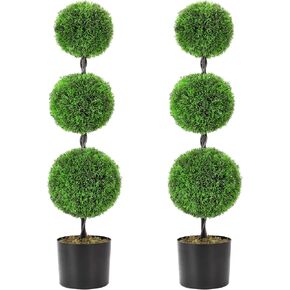 3ft topiaries ingress cypress ball شجرة ، 2 حزمة شجيرات مزيفة النباتات محفوظة بوعاء ، أشجار كرة توبيدية فو لسيكنة شرفة الباب الأمامي ترتيبات نباتية مزيفة-3 كرة.