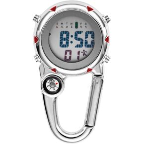 Digital Compass Clip: Black White Men's Fob Watches, Waterproof Carabiner Watch with Alarm Clock