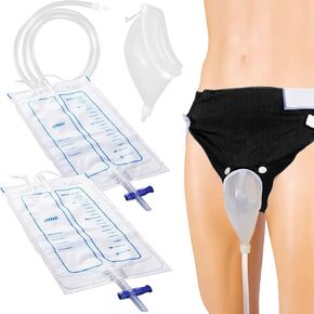 Wearable Urine Collector Set with 2 Drainage Bags (1000ml/2000ml), Reusable Silicone Catheter, Adjustable Cotton Pants, Elderly Men Grey