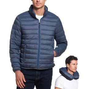 Weatherproof Men's Puffer Jacket, Lightweight Wind Resistant Alternative Down Jacket with Packable Travel Neck Pillow (S-3XL)