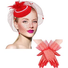 Geyoga 20s 50s Tea Party hat and Gloves Set Fascinator hat for Women Funeral Pillbox Cocktail Headband with Veil
