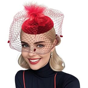 Fascinator Hats for Women Tea Party Veil Feather Fancy Pillbox Hat 20s 50s