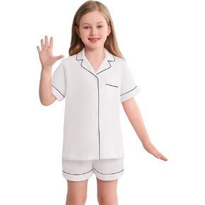 Veseacky Girls Pajamas Sets 100% Cotton PJ ButtonDown Short Sleeve 2 Piece Pajamas Set Boys Girls Pjs for Ages 5-14