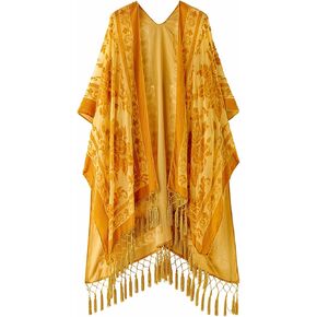 Wehello Women's Burnout Velvet Kimono Cardigan Cootgan مع Gold Tassel